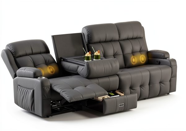 Furgatti Dark Gray 4‑Seat Modular PU Leather Recliner Sofa USB-0